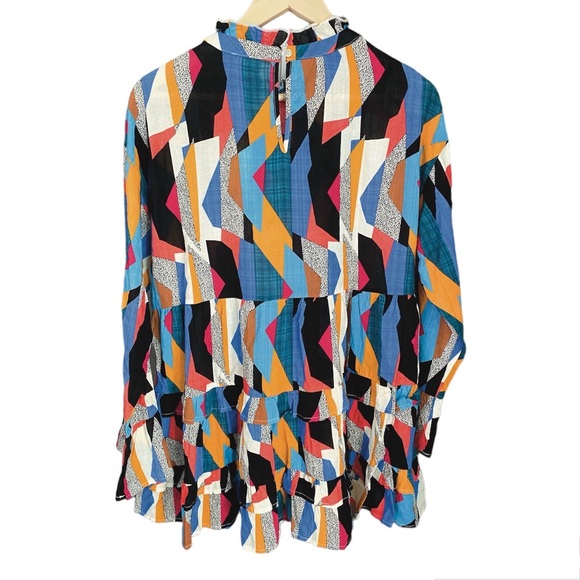 NWT Jodifl Colorblock Ruffled Long Sleeve Tunic Top Blouse Shirt Blue Black Red - Picture 2 of 7